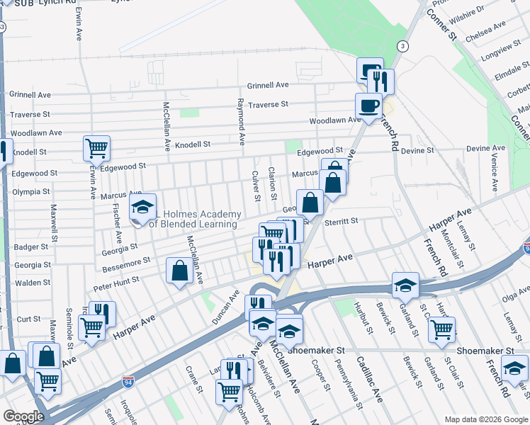 map of restaurants, bars, coffee shops, grocery stores, and more near 8934 Culver Street in Detroit