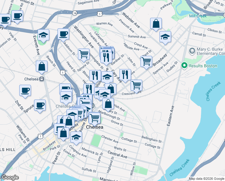 map of restaurants, bars, coffee shops, grocery stores, and more near 8 Clark Avenue in Chelsea