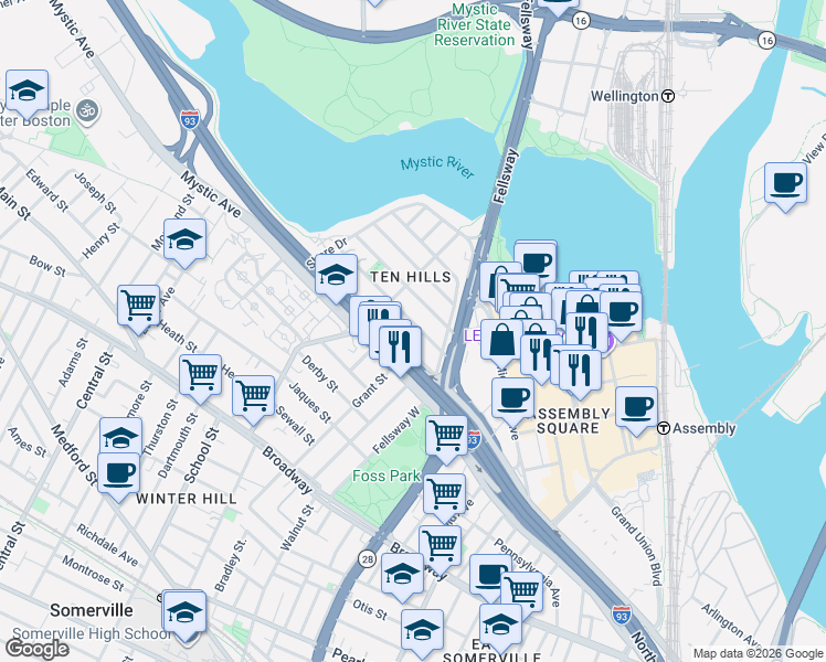map of restaurants, bars, coffee shops, grocery stores, and more near 20 Puritan Road in Somerville