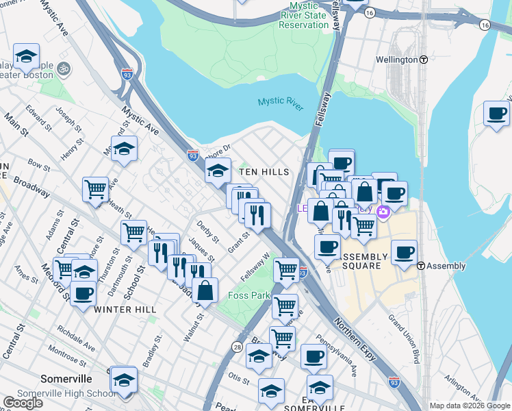 map of restaurants, bars, coffee shops, grocery stores, and more near 67 Bailey Road in Somerville