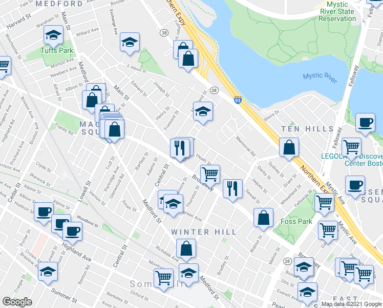 map of restaurants, bars, coffee shops, grocery stores, and more near 107 Heath Street in Somerville