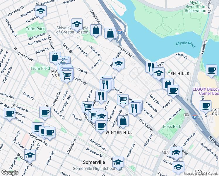 map of restaurants, bars, coffee shops, grocery stores, and more near 107 Heath Street in Somerville