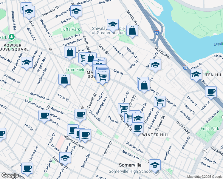 map of restaurants, bars, coffee shops, grocery stores, and more near 112 Glenwood Road in Somerville