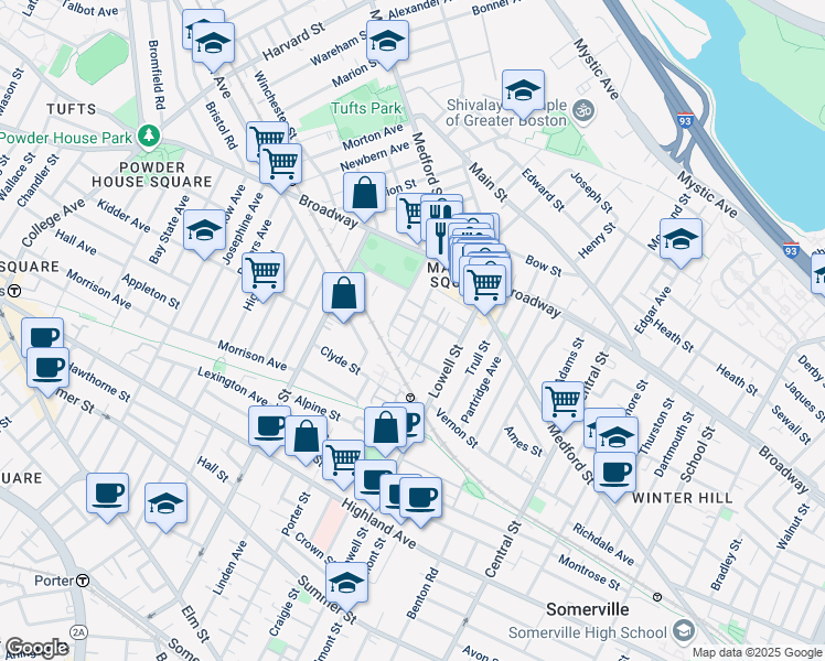 map of restaurants, bars, coffee shops, grocery stores, and more near in Somerville