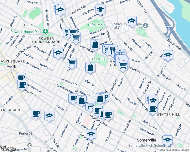 map of restaurants, bars, coffee shops, grocery stores, and more near 1 Franey Road in Somerville