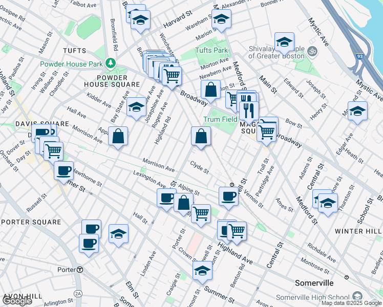 map of restaurants, bars, coffee shops, grocery stores, and more near 48 Boston Avenue in Somerville