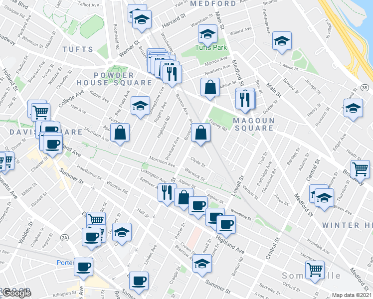 map of restaurants, bars, coffee shops, grocery stores, and more near 48 Boston Avenue in Somerville