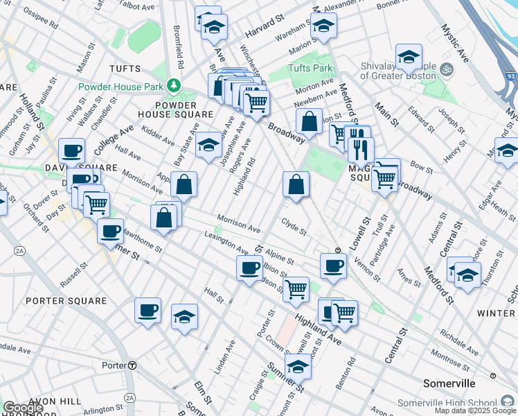 map of restaurants, bars, coffee shops, grocery stores, and more near 40 Pearson Avenue in Somerville