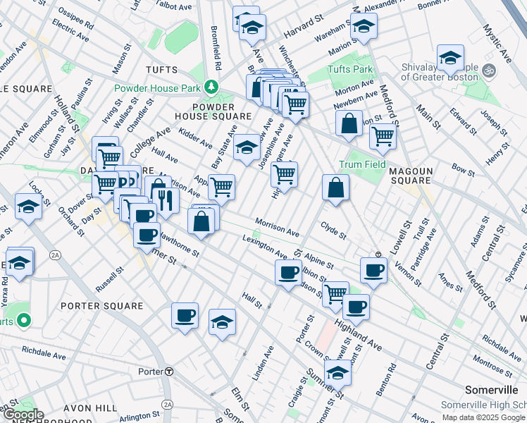 map of restaurants, bars, coffee shops, grocery stores, and more near 19 Rogers Avenue in Somerville