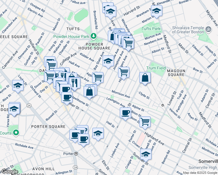 map of restaurants, bars, coffee shops, grocery stores, and more near in Somerville