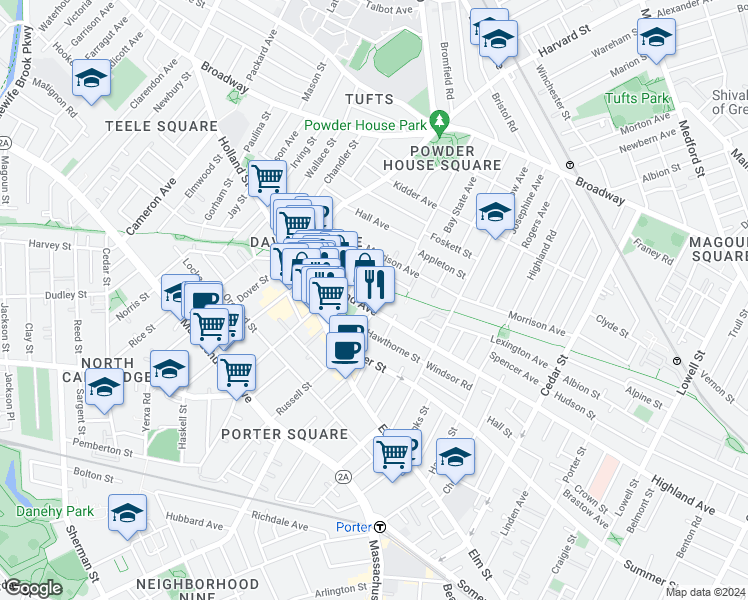 map of restaurants, bars, coffee shops, grocery stores, and more near 29 Ellington Road in Somerville