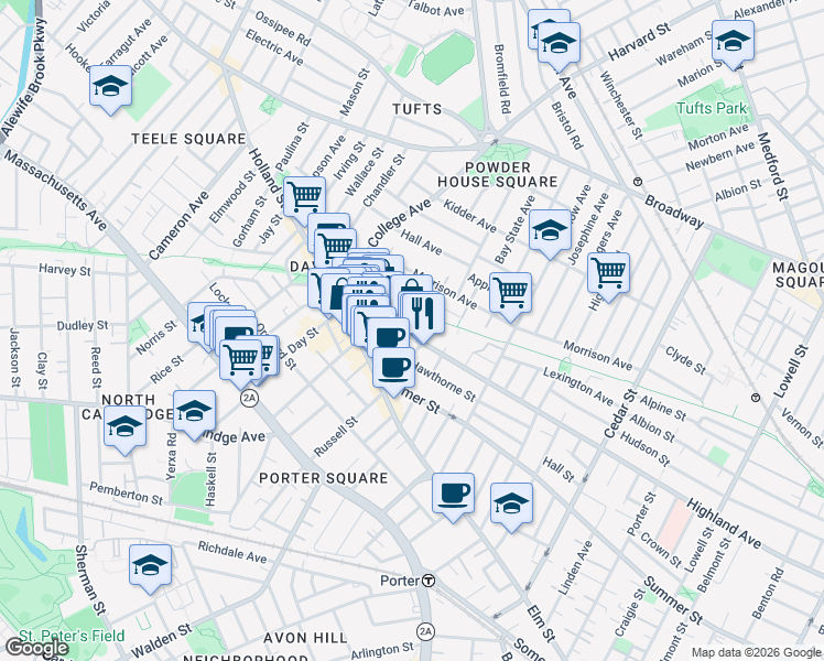 map of restaurants, bars, coffee shops, grocery stores, and more near 29 Ellington Road in Somerville