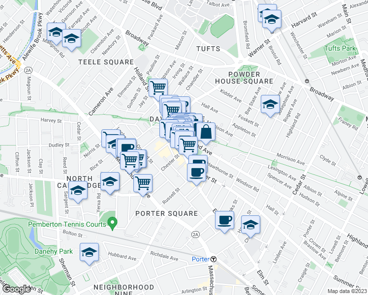 map of restaurants, bars, coffee shops, grocery stores, and more near 403 Highland Avenue in Somerville