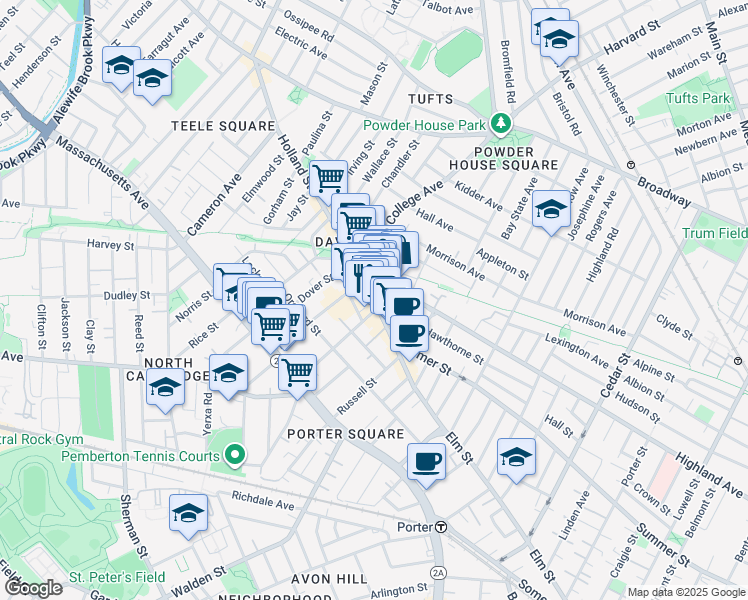 map of restaurants, bars, coffee shops, grocery stores, and more near in Somerville