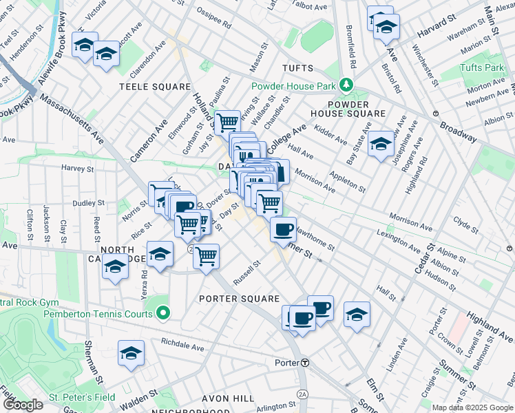 map of restaurants, bars, coffee shops, grocery stores, and more near in Somerville