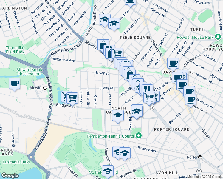 map of restaurants, bars, coffee shops, grocery stores, and more near 63 Dudley Street in Cambridge