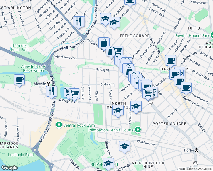 map of restaurants, bars, coffee shops, grocery stores, and more near 91 Montgomery Street in Cambridge