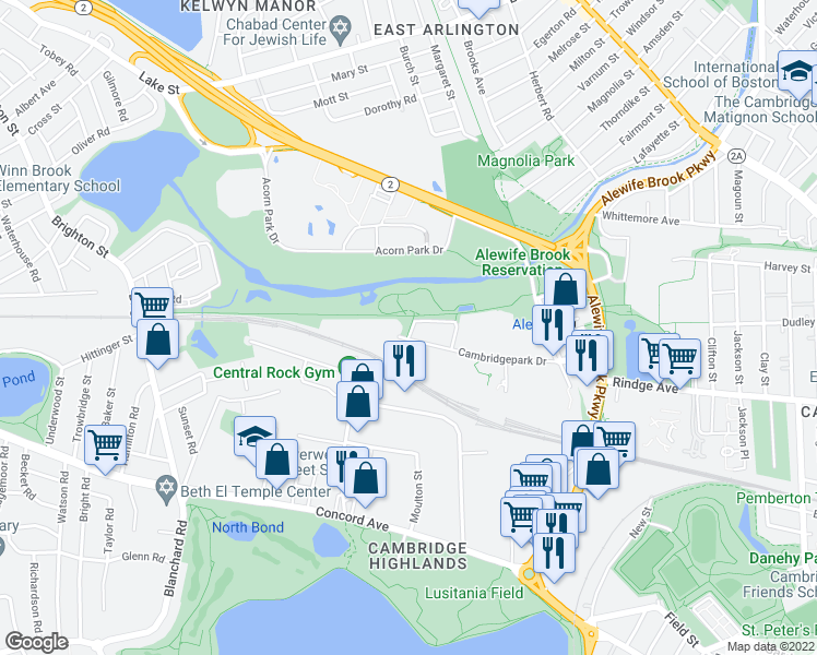 map of restaurants, bars, coffee shops, grocery stores, and more near 200-R Cambridge Park Drive in Cambridge