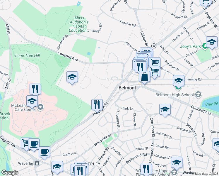 map of restaurants, bars, coffee shops, grocery stores, and more near 711 Pleasant Street in Belmont