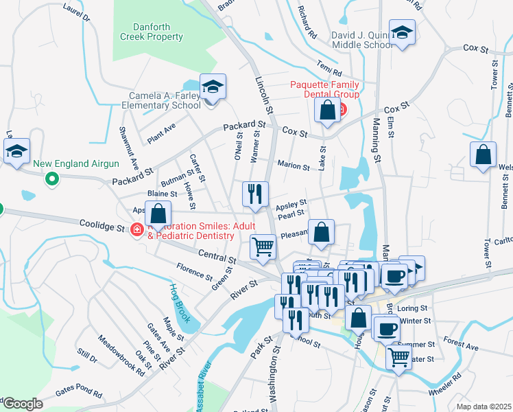 map of restaurants, bars, coffee shops, grocery stores, and more near 43 Warner Street in Hudson