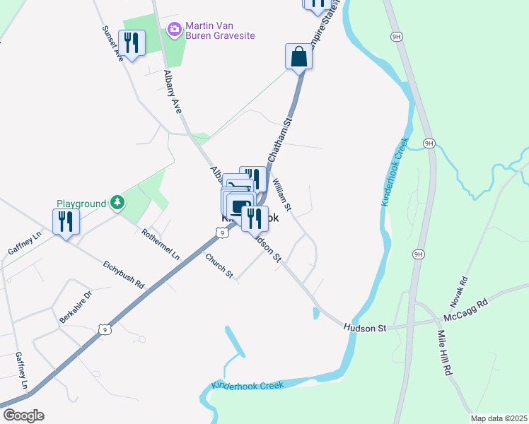 map of restaurants, bars, coffee shops, grocery stores, and more near 10 Chatham Street in Kinderhook