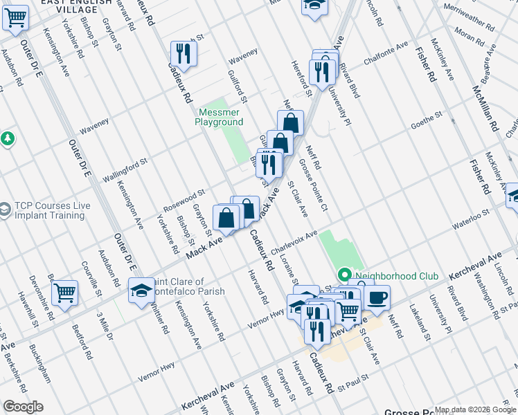 map of restaurants, bars, coffee shops, grocery stores, and more near 17181 Mack Avenue in Detroit