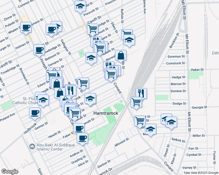 map of restaurants, bars, coffee shops, grocery stores, and more near 3462 Holbrook Avenue in Hamtramck