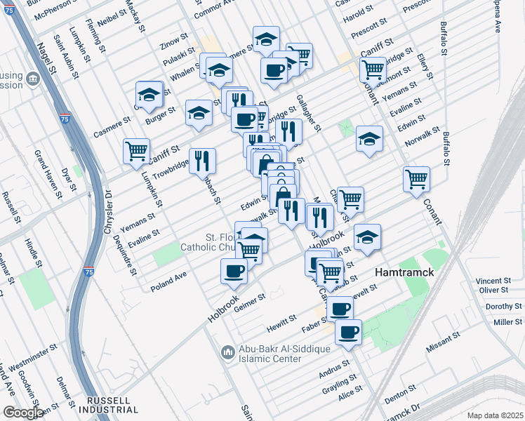 map of restaurants, bars, coffee shops, grocery stores, and more near 2736 Edwin Street in Hamtramck