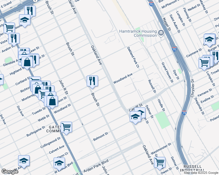 map of restaurants, bars, coffee shops, grocery stores, and more near 617 Woodland Street in Detroit