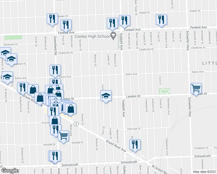 map of restaurants, bars, coffee shops, grocery stores, and more near 14606 Terry Street in Detroit