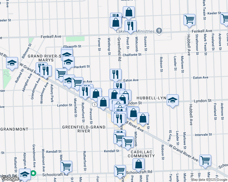 map of restaurants, bars, coffee shops, grocery stores, and more near 14625 Greenfield Road in Detroit