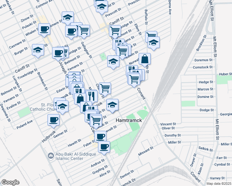 map of restaurants, bars, coffee shops, grocery stores, and more near 3319 Comstock Street in Hamtramck