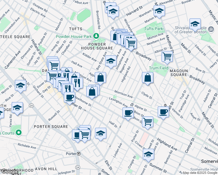 map of restaurants, bars, coffee shops, grocery stores, and more near in Somerville