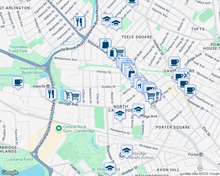 map of restaurants, bars, coffee shops, grocery stores, and more near 91 Montgomery Street in Cambridge