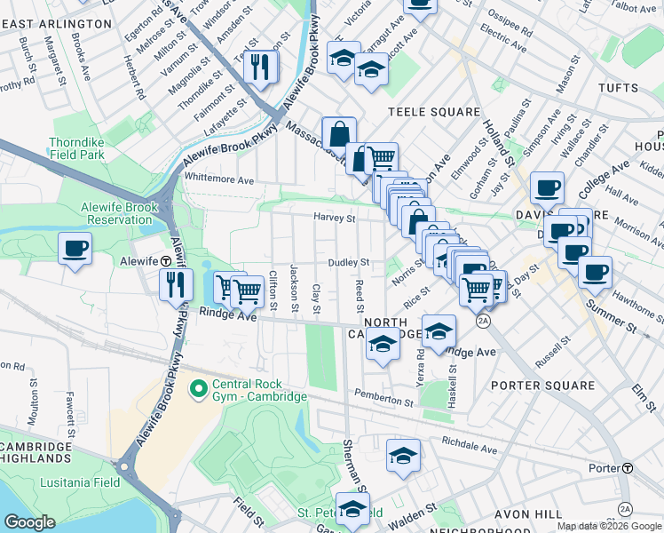 map of restaurants, bars, coffee shops, grocery stores, and more near 91 Montgomery Street in Cambridge