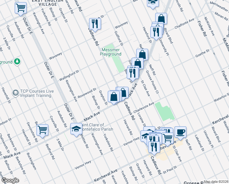 map of restaurants, bars, coffee shops, grocery stores, and more near 17101 Neveux Street in Detroit