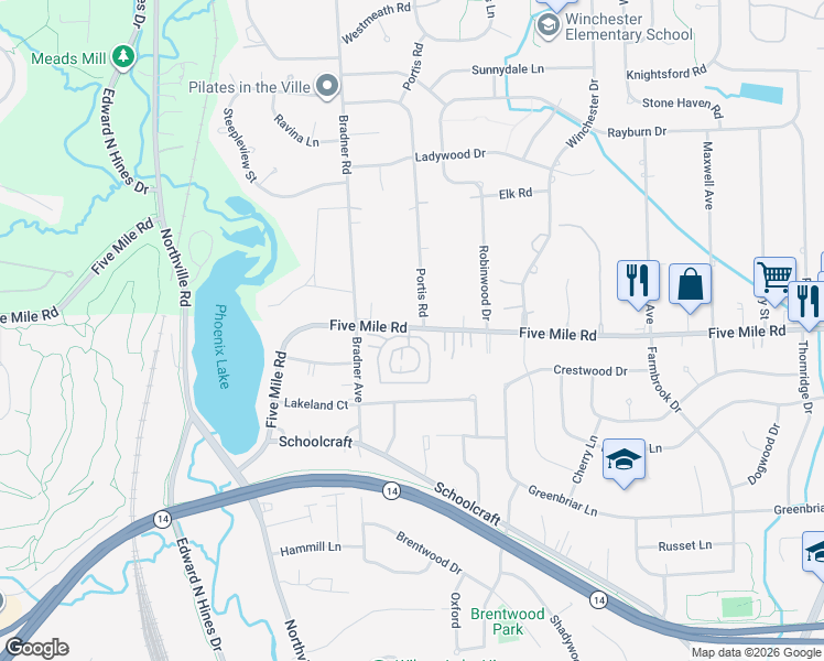 map of restaurants, bars, coffee shops, grocery stores, and more near 42260 Five Mile Road in Plymouth
