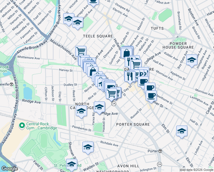 map of restaurants, bars, coffee shops, grocery stores, and more near 9 Locke Street in Cambridge