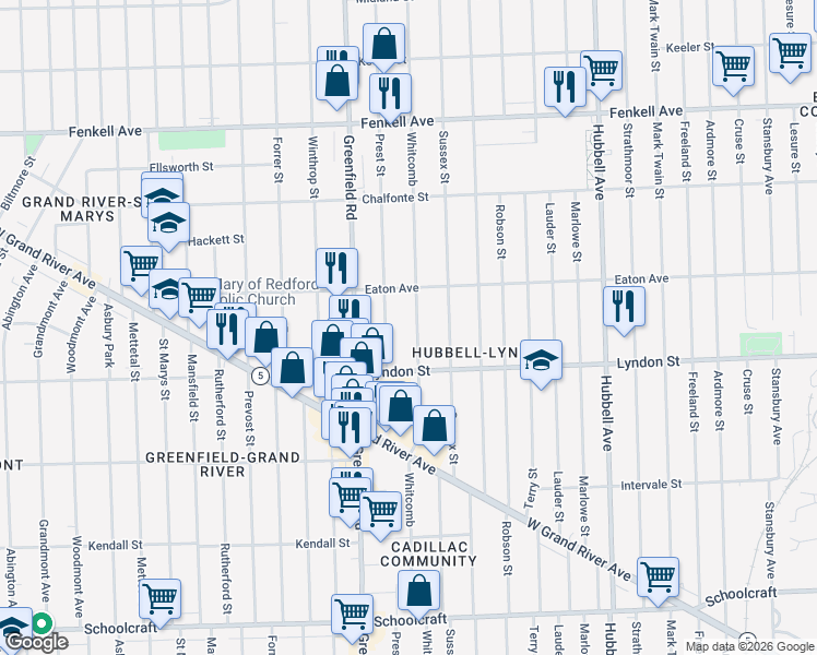 map of restaurants, bars, coffee shops, grocery stores, and more near 14610 Whitcomb in Detroit