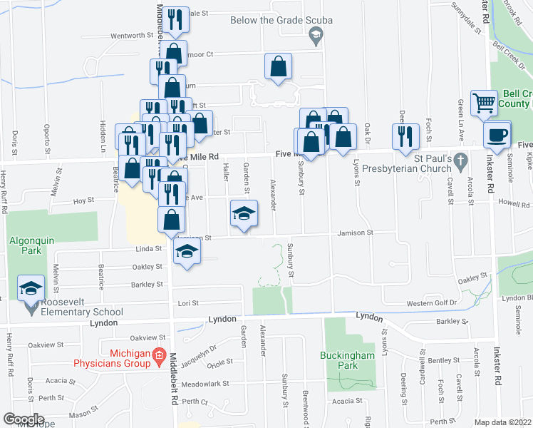 map of restaurants, bars, coffee shops, grocery stores, and more near 14967 Alexander Street in Livonia