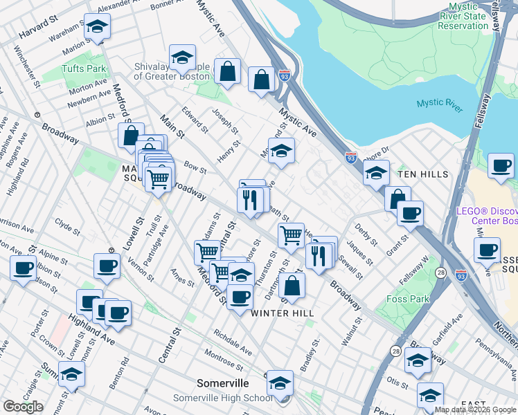 map of restaurants, bars, coffee shops, grocery stores, and more near 4 Douglas Avenue in Somerville