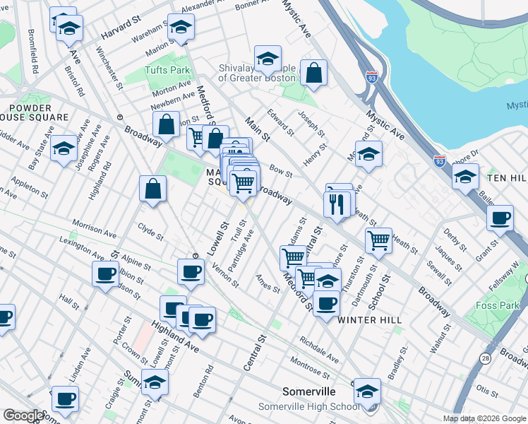 map of restaurants, bars, coffee shops, grocery stores, and more near 79 Partridge Avenue in Somerville