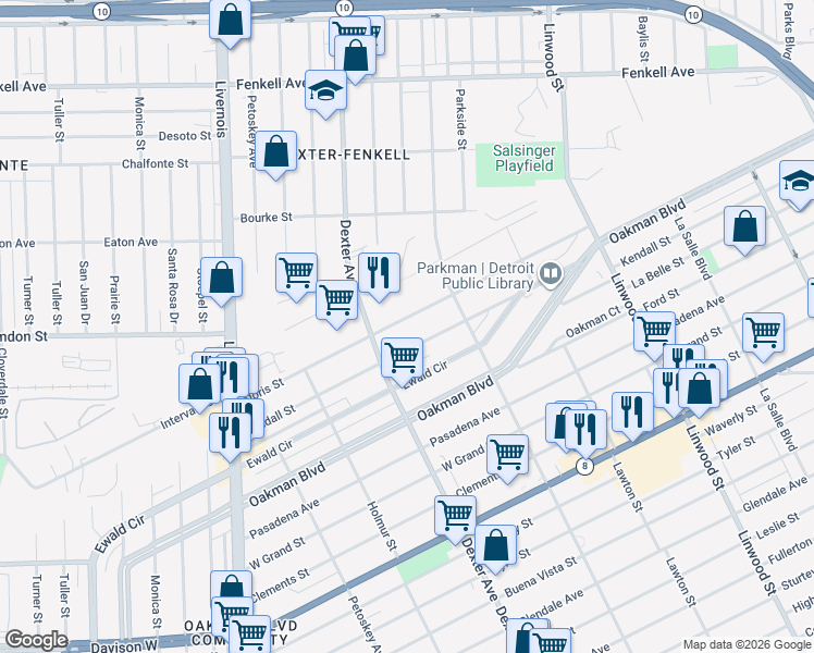 map of restaurants, bars, coffee shops, grocery stores, and more near 3309 Doris Street in Detroit
