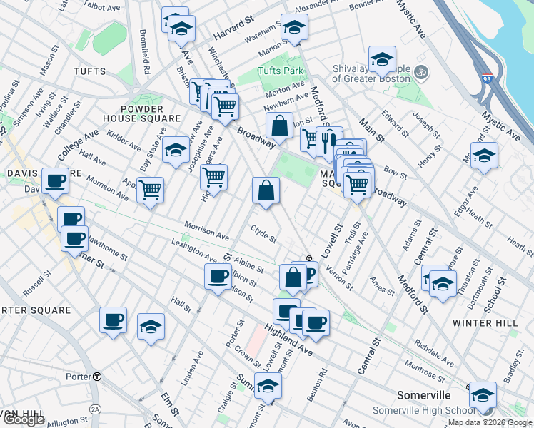 map of restaurants, bars, coffee shops, grocery stores, and more near 17 Murdock Street in Somerville