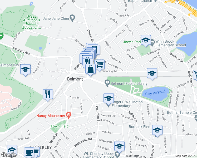 map of restaurants, bars, coffee shops, grocery stores, and more near 395 Concord Avenue in Belmont