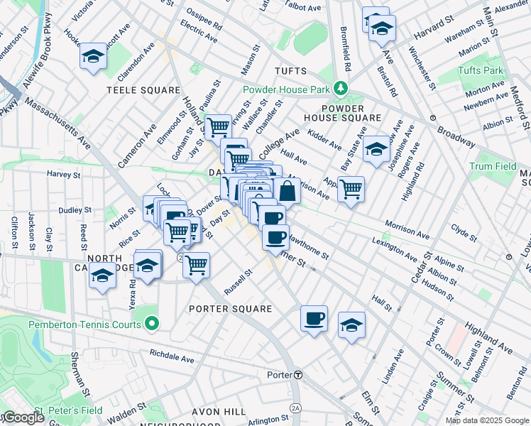 map of restaurants, bars, coffee shops, grocery stores, and more near 403 Highland Avenue in Somerville