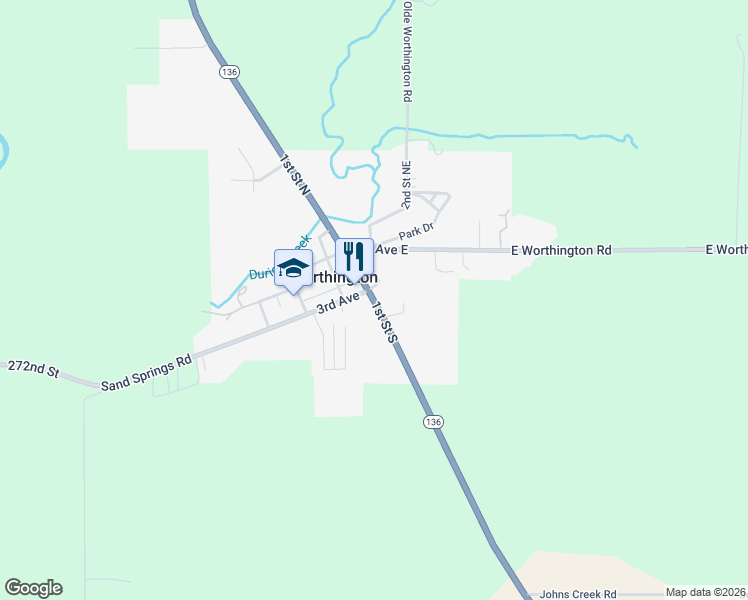 map of restaurants, bars, coffee shops, grocery stores, and more near 400 1st Street South in Worthington