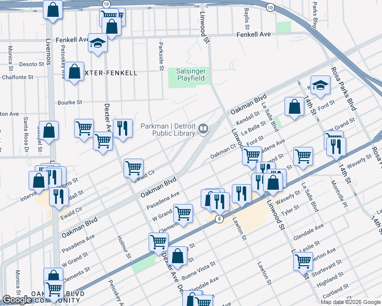 map of restaurants, bars, coffee shops, grocery stores, and more near 1865 Ewald Circle in Detroit