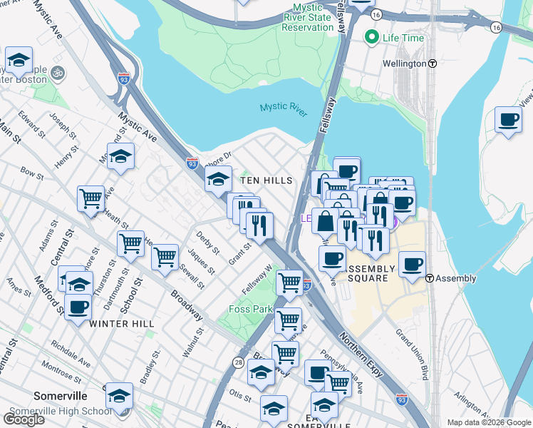 map of restaurants, bars, coffee shops, grocery stores, and more near 20 Puritan Road in Somerville