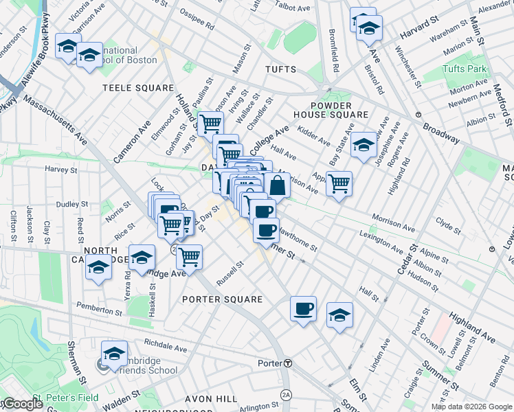 map of restaurants, bars, coffee shops, grocery stores, and more near in Somerville